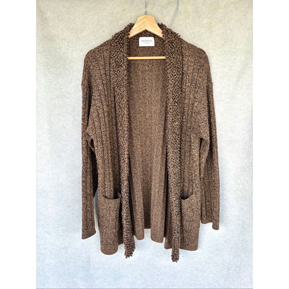 Stizzoli Collection 100% Wool Cardigan Sweater Italy Brown Open Front Knit Sz L
